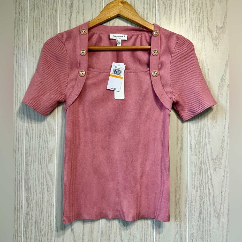 Rio & Rian Rose Elegance Ribbed Knit Button-Shoulder Top Size S